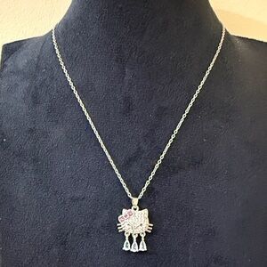 Hello Kitty Charm Stamped Stainless steel- Silver & Crystal Dangle Necklace